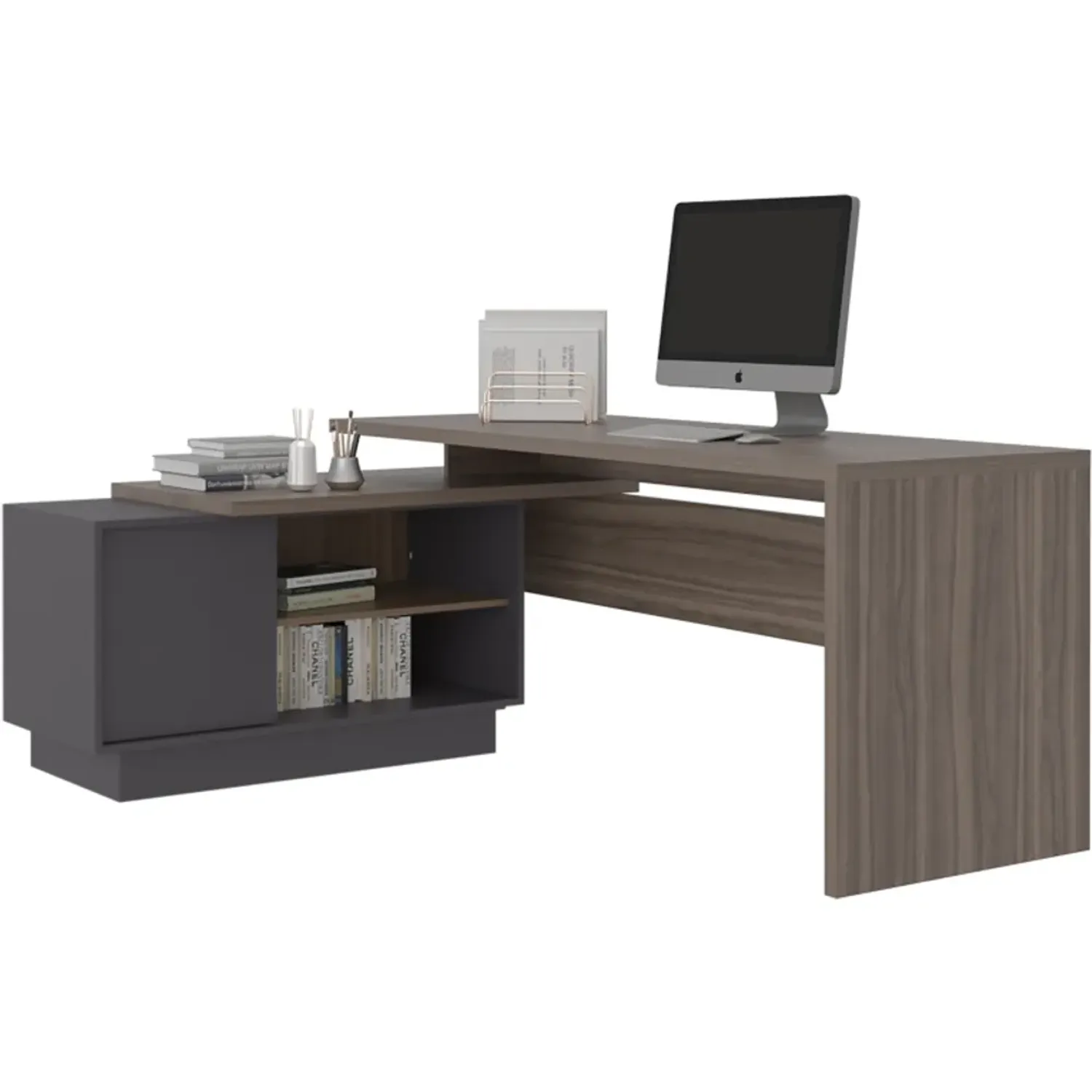 Escritorio Tuhome En L 1 Puerta Office color avellana y plomo | Platanitos