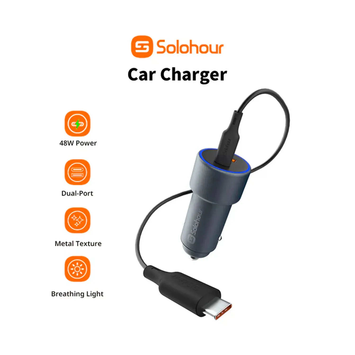 Kit Solohour Para Carro Cargador 2 Puertos 48w + Cable Type-C To Type-C color negro | Platanitos