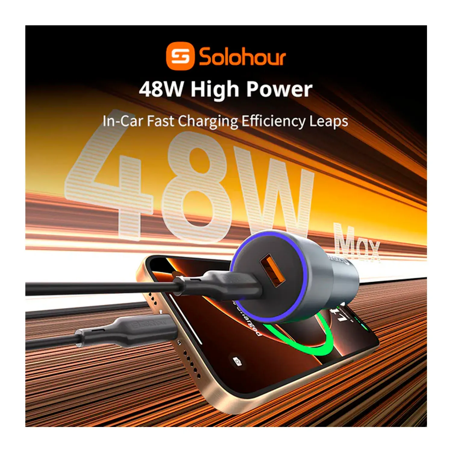 Kit Solohour Para Carro Cargador 2 Puertos 48w + Cable Type-C To Type-C color negro | Platanitos