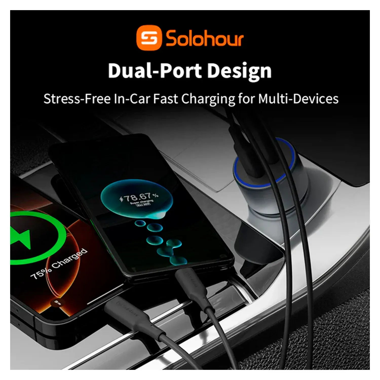 Kit Solohour Para Carro Cargador 2 Puertos 48w + Cable Type-C To Type-C color negro | Platanitos