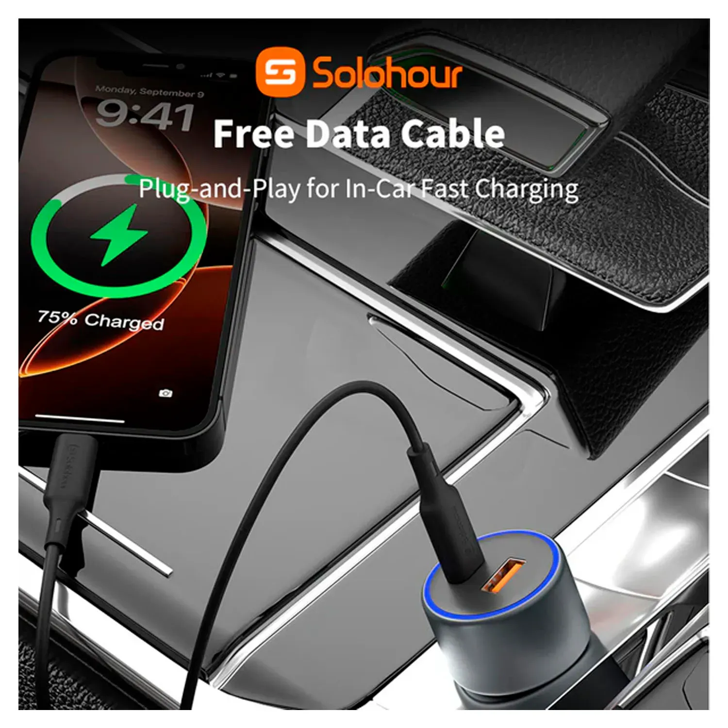 Kit Solohour Para Carro Cargador 2 Puertos 48w + Cable Type-C To Type-C color negro | Platanitos