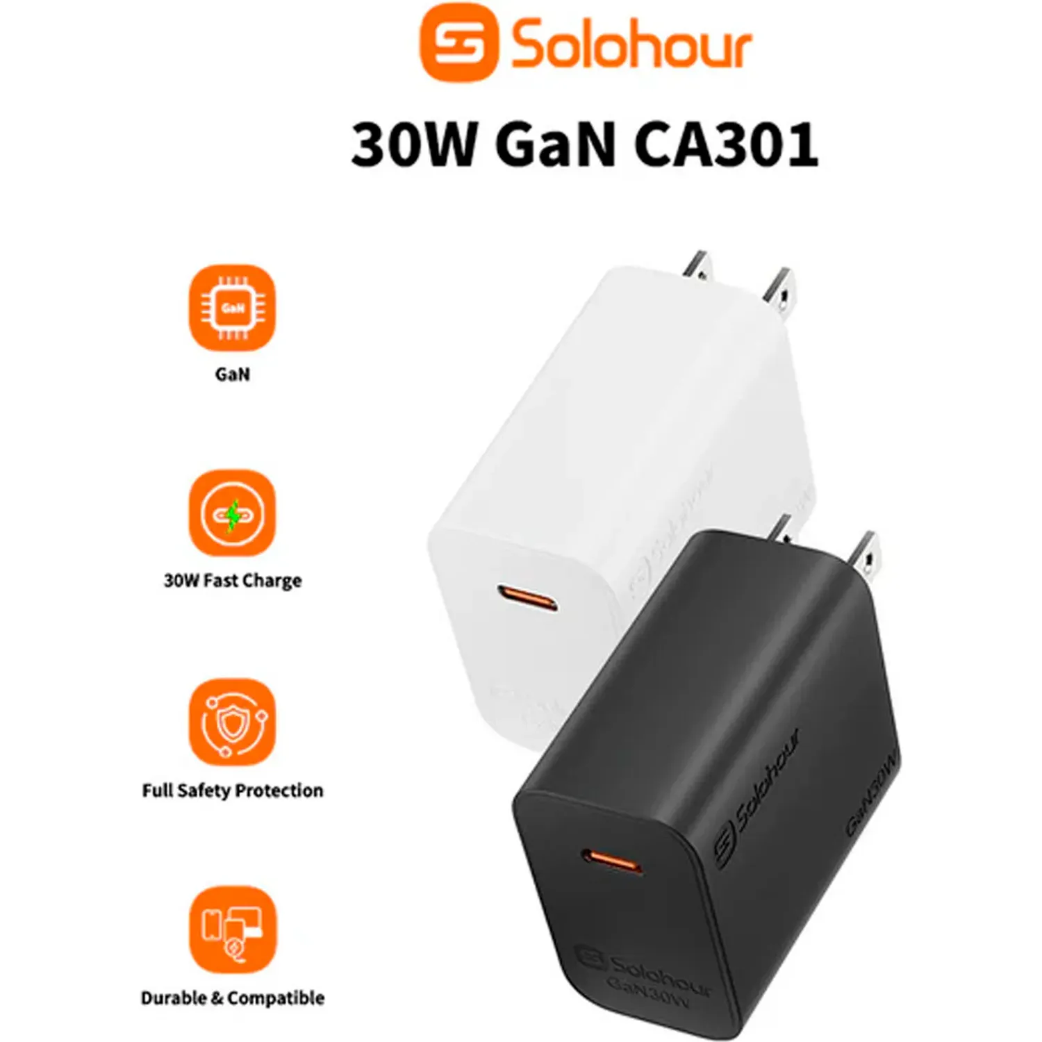 SOLOHOUR Cargador Solohour Rápido Gan 30w Con Cable Type-C color blanco | Platanitos