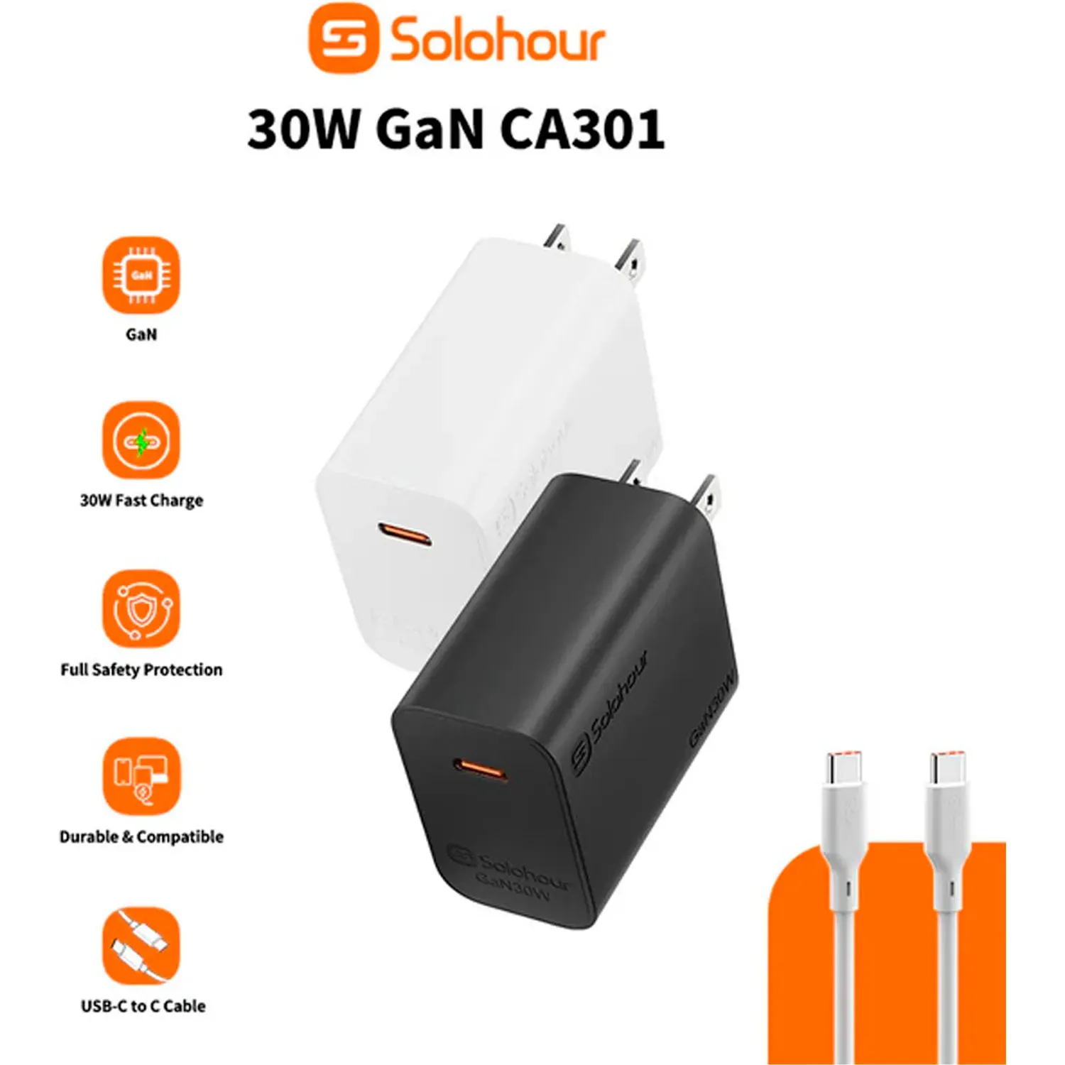 SOLOHOUR Cargador Solohour Rápido Gan 30w Con Cable Type-C color negro | Platanitos