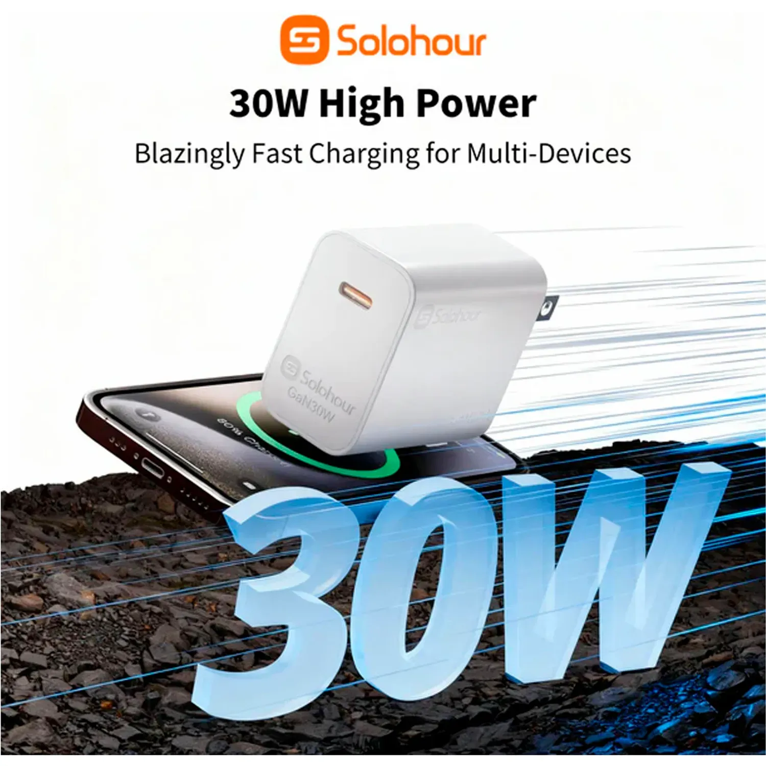 SOLOHOUR Cargador Solohour Rápido Gan 30w Con Cable Type-C color negro | Platanitos