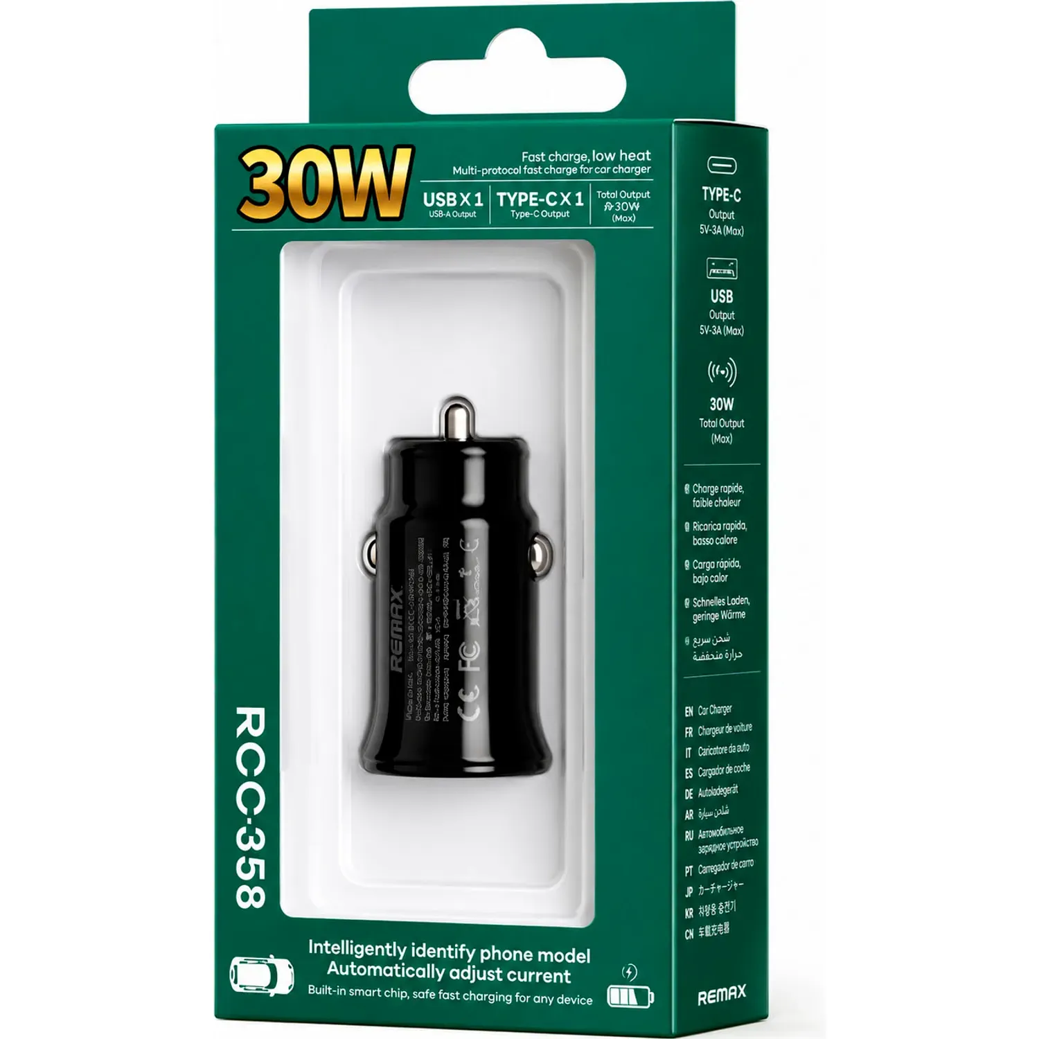 Cargador Remax Para Auto Rcc358 Carga Rápida 30w color negro | Platanitos