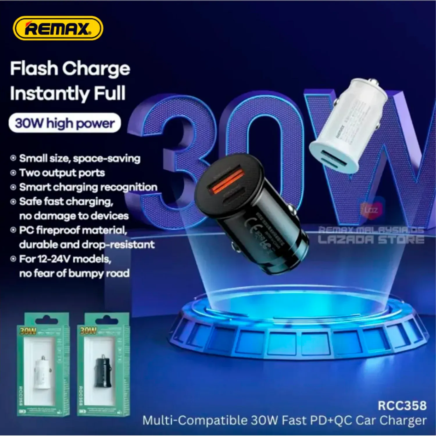 Cargador Remax Para Auto Rcc358 Carga Rápida 30w color negro | Platanitos