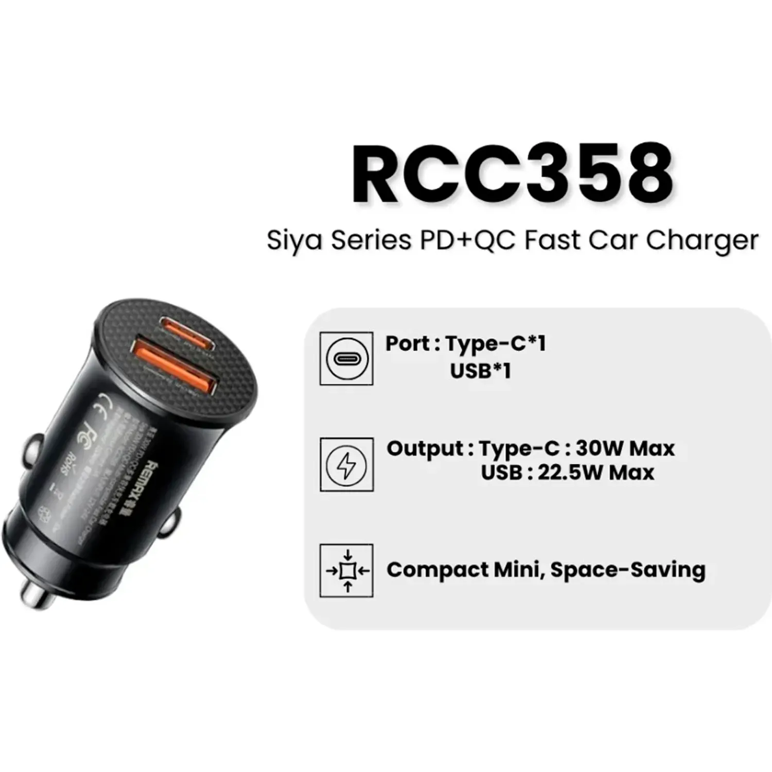 Cargador Remax Para Auto Rcc358 Carga Rápida 30w color negro | Platanitos