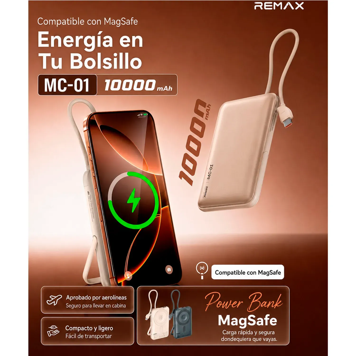 Cargador Remax Portatil Powerbank  Magnético Mc-01 3 En 1 10000mah 15w color plateado | Platanitos