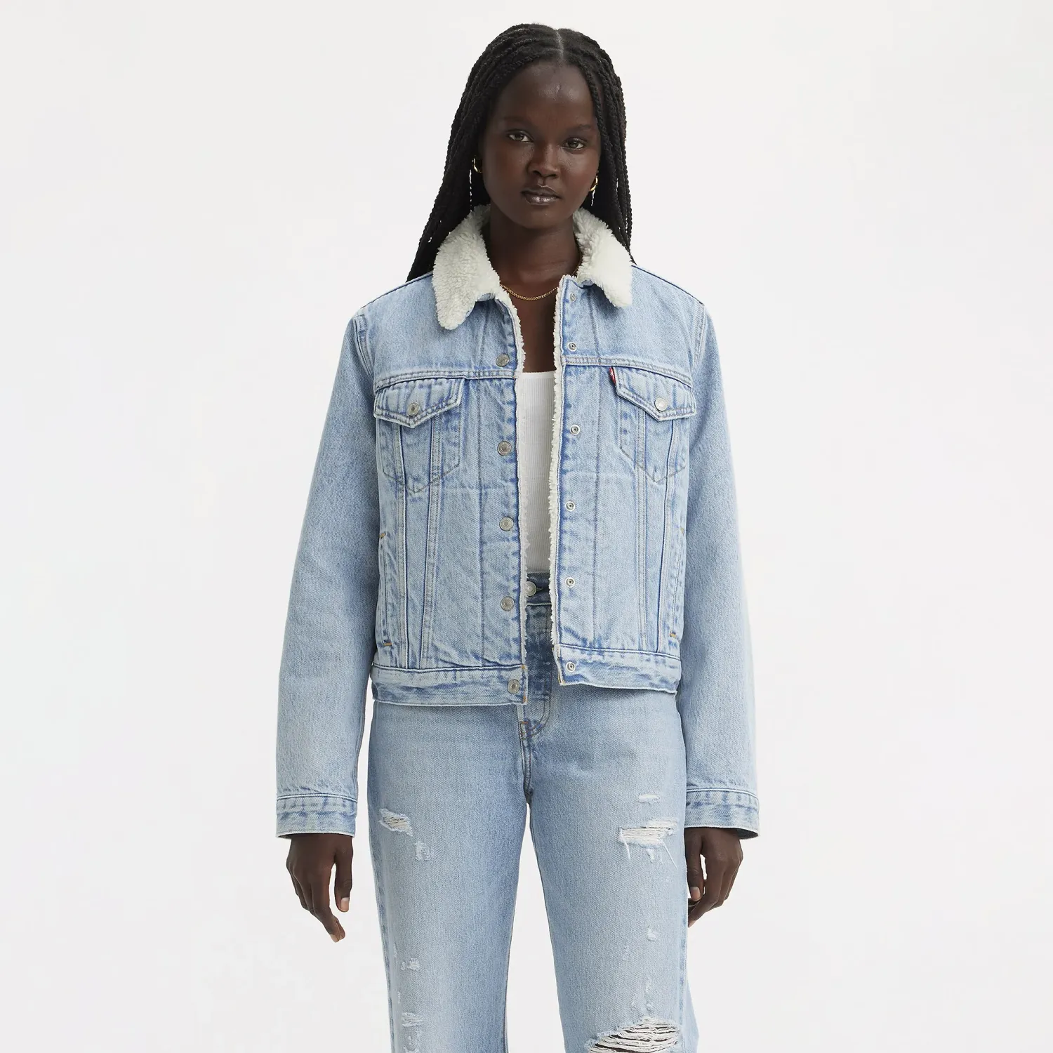 Levis Casaca Levis Jeans Mujer Denim Sherpa Trucker color celeste | Platanitos