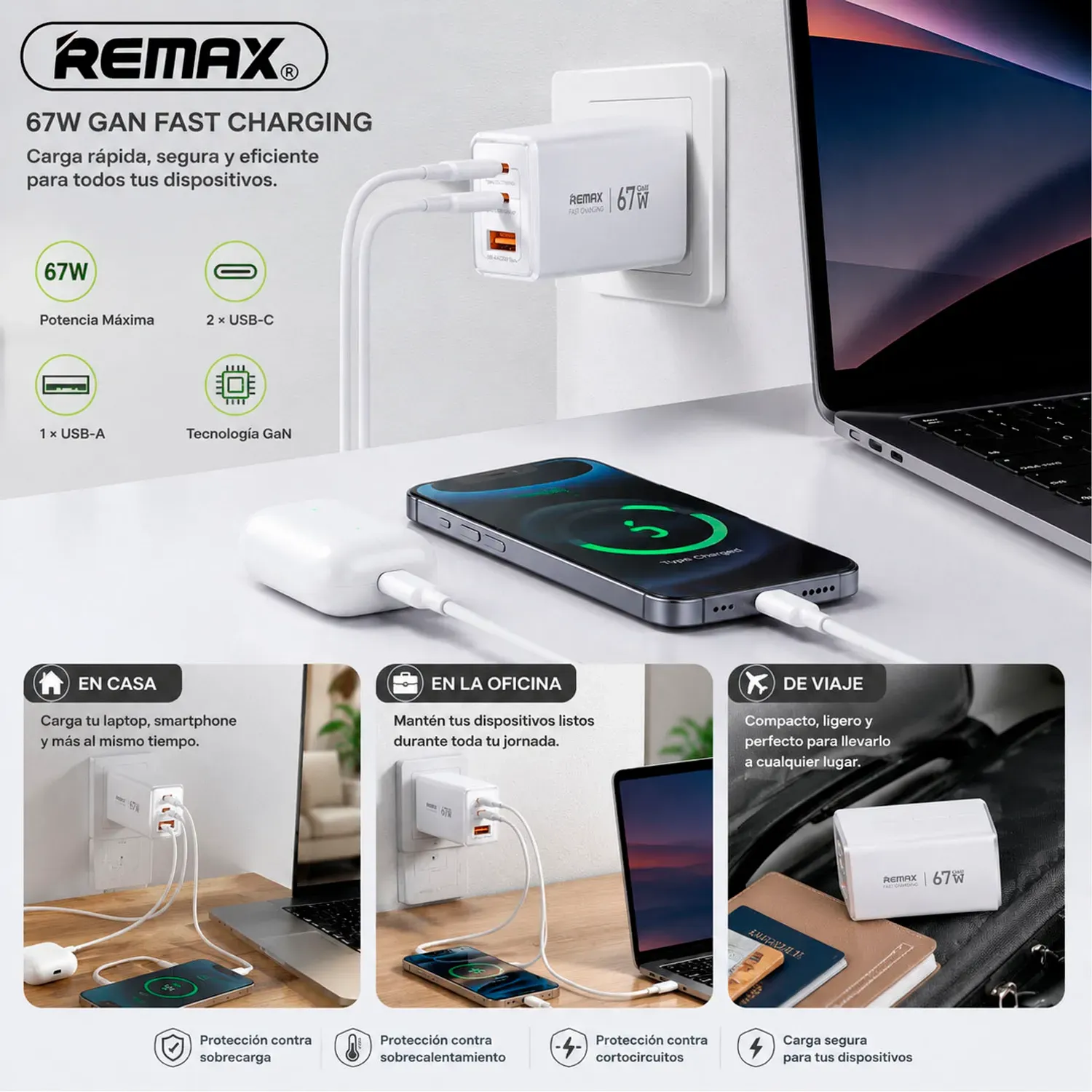 REMAX Cargador Remax Rápido Ca02 67w Gan 2 Usb-C + Usb-A + Cable 100w color blanco | Platanitos