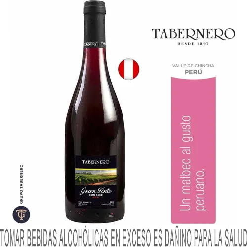 Vino Tabernero Gran Tinto Malbec Semi Seco Botella 750ml color varios | Platanitos