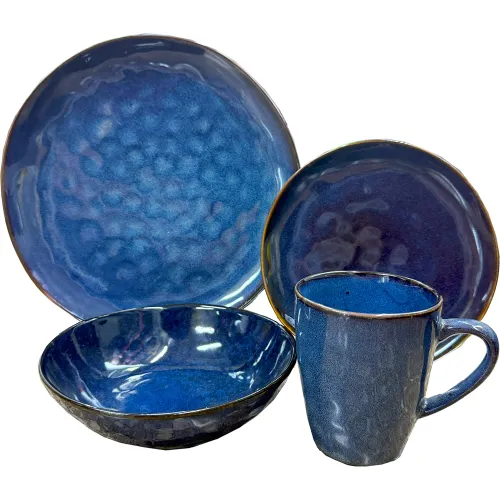 ICHIMATSU Juego De  Vajilla Por 16 Piezas Glaseado Azul Oscuro Con Borde Marron