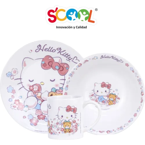 Hello Kitty Set Vajilla Ceramica X3 Con Taza Scool