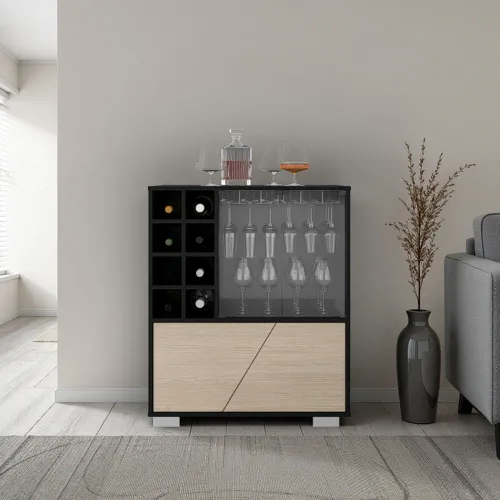 TUHOME Bar Bajo 4 Puertas 8 Botelleros Y Portacopas Fraktal Wengue Y Cartagena 94,9x78,8x40,3 Cm