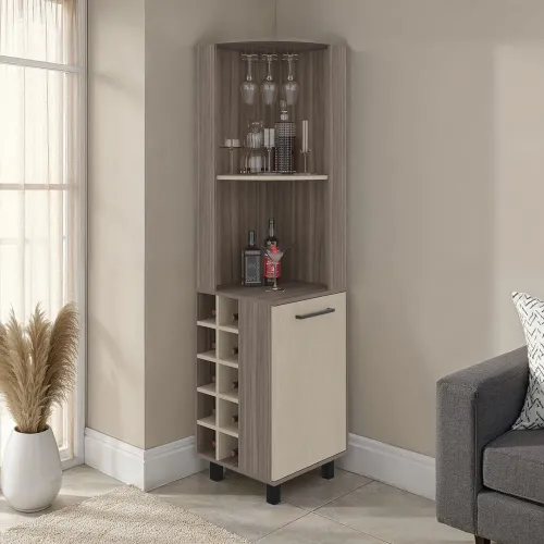 TUHOME Bar Esquinero 1 Puerta 10 Botelleros Y Portacopas Kaia Avellana Y Cartagena 180,0x45,0x45,0 Cm