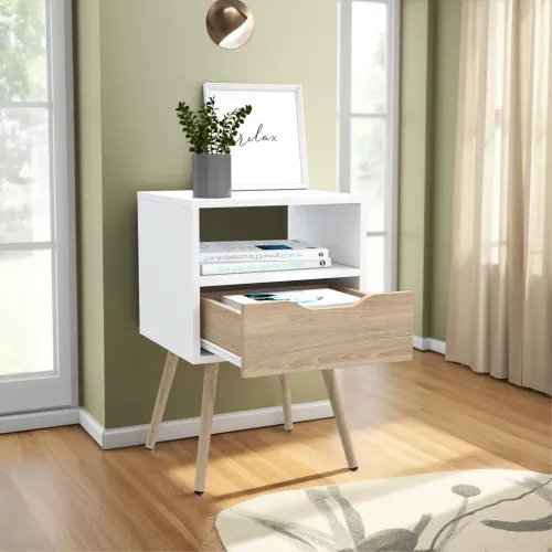 TUHOME Velador 1 Cajón Otom Blanco Y Rovere 63,0x40,0x35,0 Cm