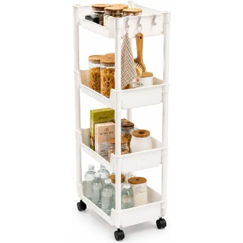 GENERICO Carrito Organizador Crema Multiusos 4 Niveles Con Ruedas 84x29x22cm