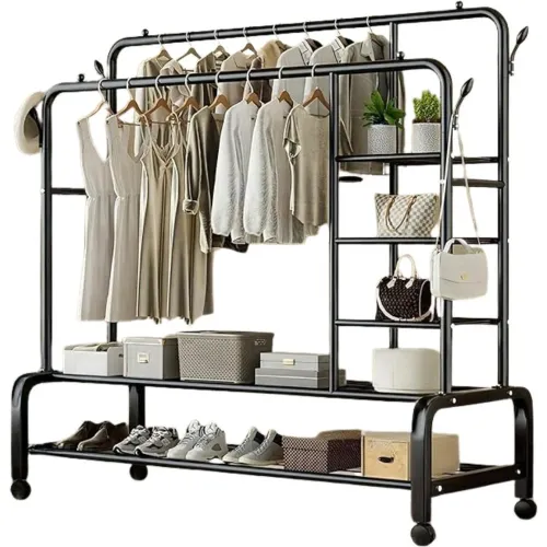 GENERICO Colgador Perchero De Metal Con Ruedas Con Doble Barra Y 6 Repisas 160x110x55cm Negro