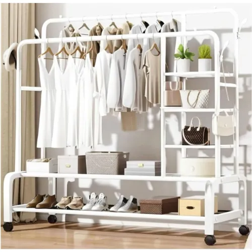 GENERICO Colgador Perchero De Metal Con Ruedas Con Doble Barra Y 6 Repisas 160x110x55cm Blanco