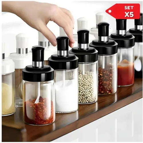 GENERICO Set X5 Condimenteros Especieros De Vidrio Con Cucharita Organizador De Condimentos