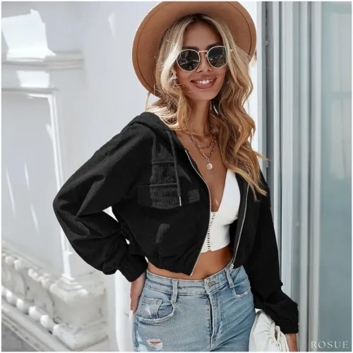 ROSUE Casaca De Mujer Corduroy Estilo Crop Con Capucha