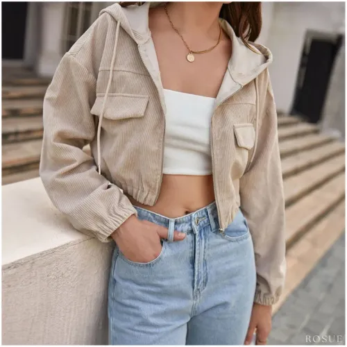 ROSUE Casaca De Mujer Corduroy Estilo Crop Con Capucha