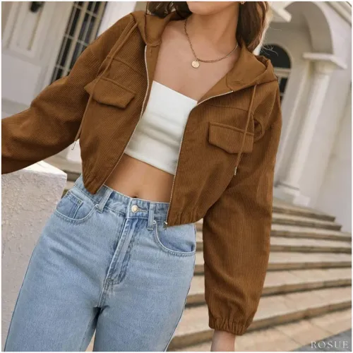 ROSUE Casaca De Mujer Corduroy Estilo Crop Con Capucha