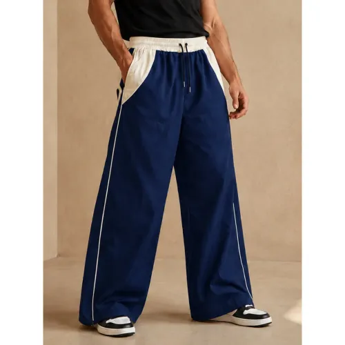 ENKI Pantalón Hombre Bicolor Azul Marino/Crema Wide Leg