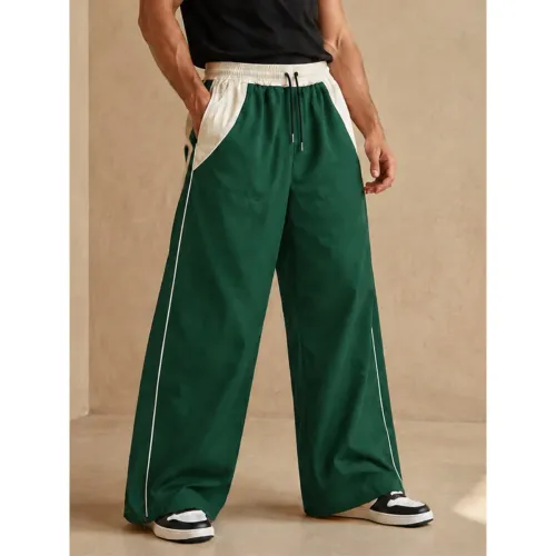 ENKI Pantalón Hombre Bicolor Verde/Crema Wide Leg
