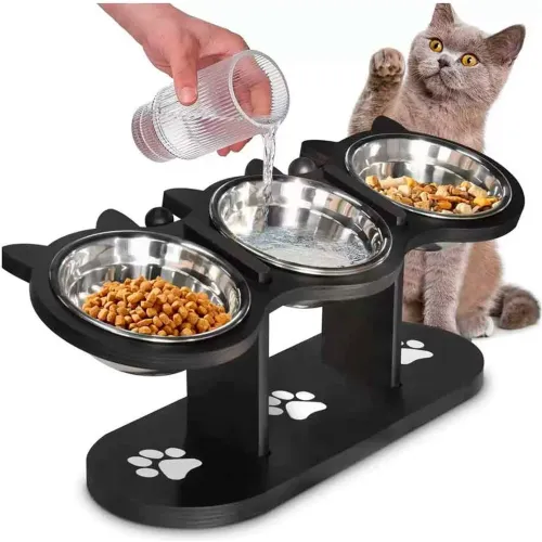 GENERICO Comedor Elevado Para Perros Y Gatos 3 Platos, 16cm Ángulo Ajustable Negro