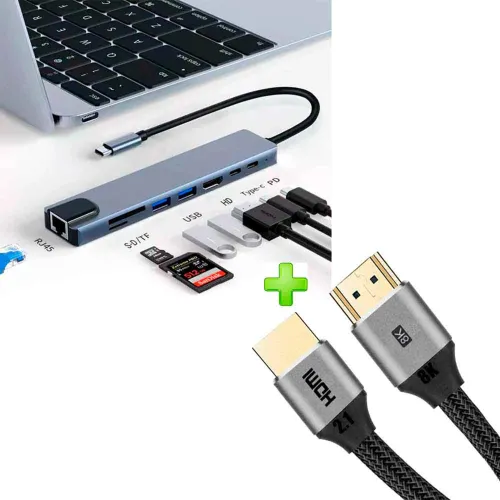 GENERICO Pack Adaptador 8 En 1 Usb C A Hdmi 4k, Lan, 2xusb 3.0 + Cable Hdmi 2.1