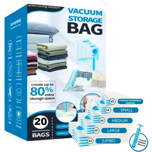 GENERICO Set 20 Bolsas De Aire Al Vacío De Viaje Con Bomba De Aire Manual Jumbo Large Medium Small