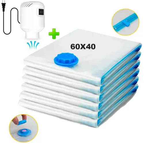 GENERICO Pack 6 Bolsas De Aire Al Vacío De Viaje 60x40cm + Bomba De Aire Alámbrico