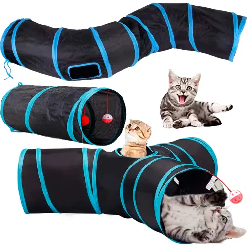 GENERICO Set 3 Túnel Gatos Polyester Plegable 120,80,50cm Negro/Turq