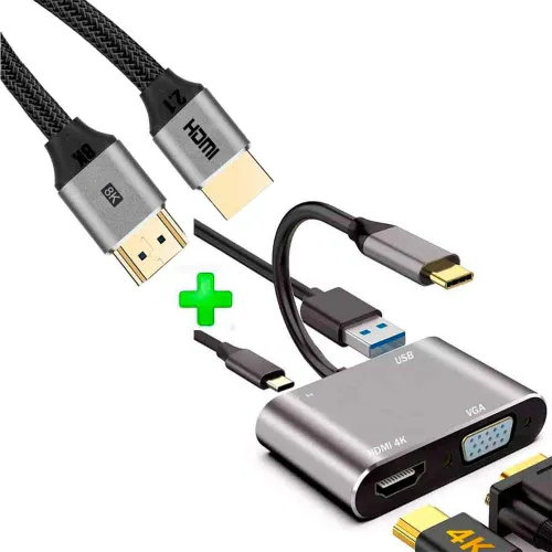 GENERICO Pack Adaptador 4 En 1 Usb C A Hdmi 4k, Vga Usb 3.0 Pd + Cable Hdmi 2.1