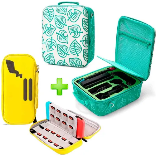 GENERICO Pack Maleta Para Nintendo Switch Y Oled Verde A C + Estuche Amarillo