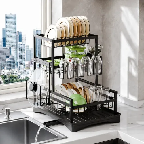 GENERICO Escurridor De Platos Organizador De Cocina 3 Niveles Acero Al Carbono 40x39.5x30.5cm