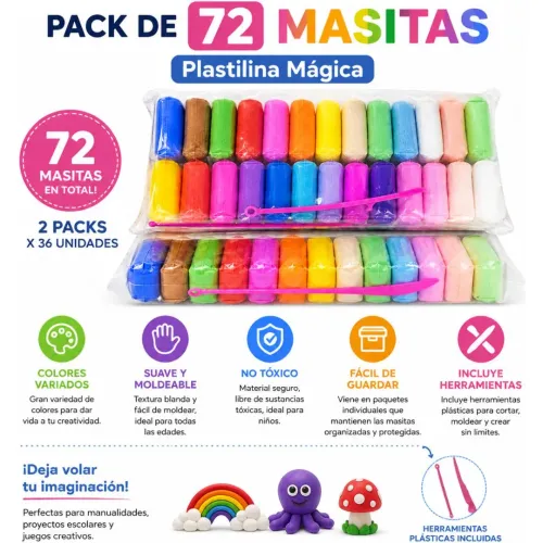 GENERICO Pack X72 Masas Plastilina Colores Variados Con Herramientas Para Moldear