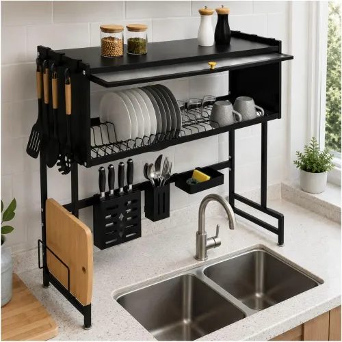 GENERICO Escurridor Organizador De Cocina Platos 2 Niveles Con Tapa Acero Al Carbono 85cm