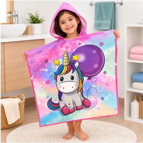 GENERICO Toalla De Baño Tipo Capa Con Capucha Con Broches Laterales Diseño Unicornio - Rosado