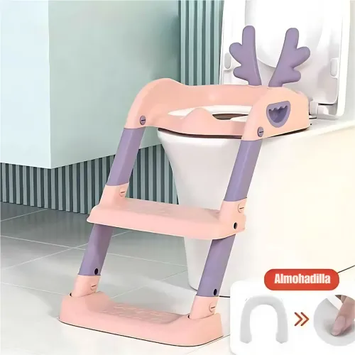 GENERICO Asiento Baño Entrenamiento Para Bebes Regulable Plegable Con Escalera - Rosado