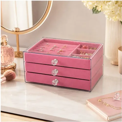 GENERICO Joyero Organizador De Joyas Y Accesorios Rosado 3 Niveles Acrílico