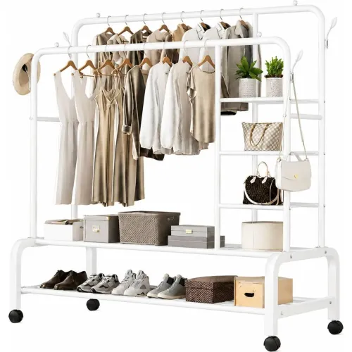 GENERICO Organizador De Ropa Blanco Doble Barra Metal Soporta 68kg 160x110x55cm Con Ruedas