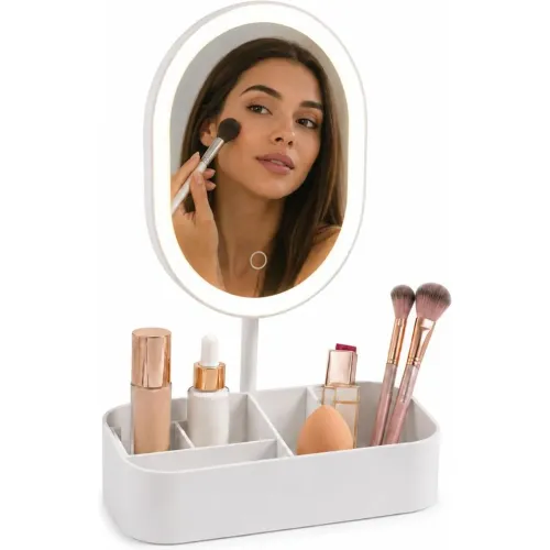 GENERICO Espejo Led Redondo Recargable Con Porta Maquillaje 3 Tonos De Luz Control Táctil - Blanco