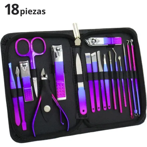 GENERICO Set Manicura Pedicura Completo De 18 Piezas Cortauñas Acero Inoxidable - Morado