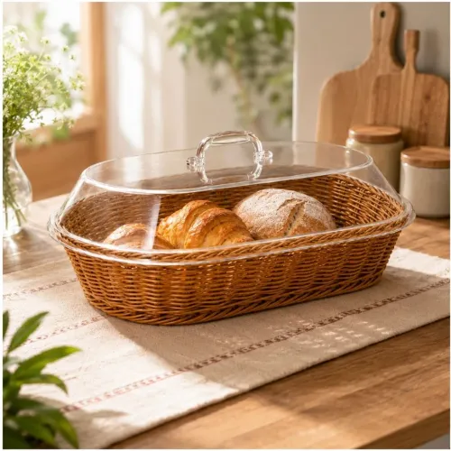GENERICO Canasta Panera Organizador Para Pan De Mimbre Con Tapa Transparente Y Asa