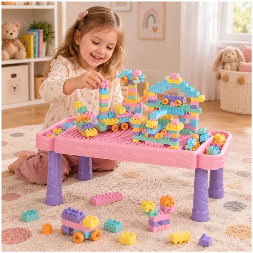 GENERICO Mesa Didáctica Infantil Bloques De Construcción 88 Piezas Rosado