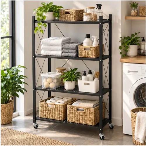 GENERICO Estante Metálico Organizador De 4 Niveles Con Ruedas Negro 125x72x34cm