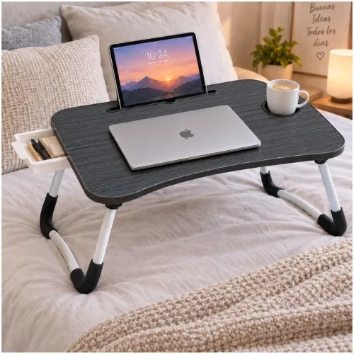 GENERICO Mesa Plegable Para Laptop Con Portavasos Soporte Tablet Y Cajón Lateral 60x40cm