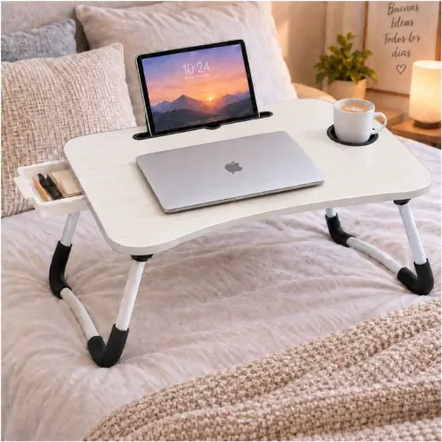 GENERICO Mesa Plegable Para Laptop Con Portavasos Soporte Tablet Y Cajón Lateral 60x40cm